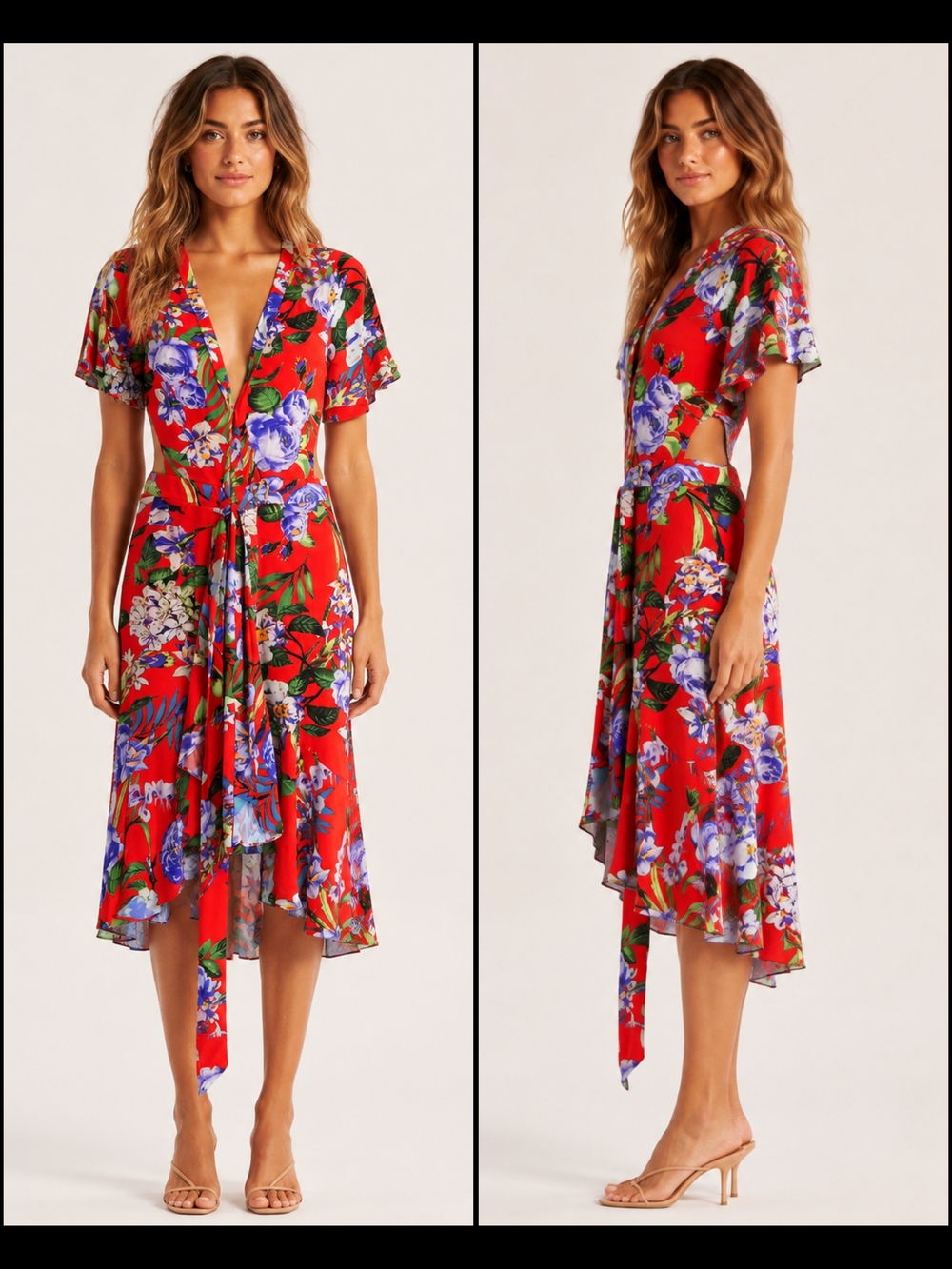 Fashion Nova Womens Red Floral Wrap Cutout High Low Midi Dress Size XS